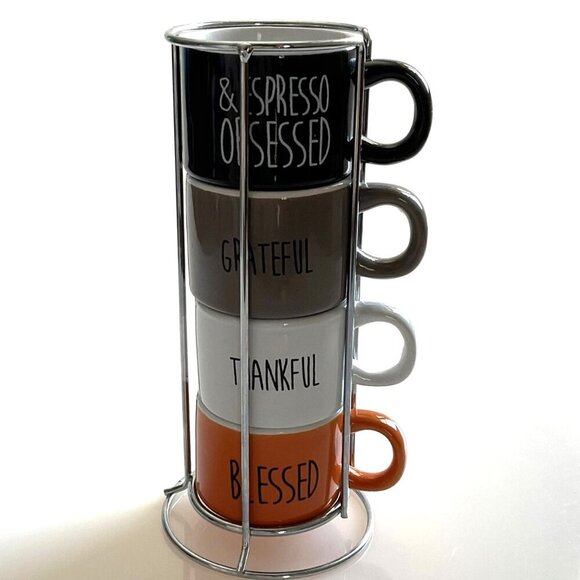 THAKFUL BLESSED ESPRESSO CUPS STACKED IN STAND SET OF 4 - Picture 2 of 13